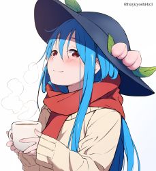 Rule 34 | 1girl, beige sweater, black headwear, blue hair, blush, cup, eyelashes, fingernails, fruit hat ornament, grin, highres, hinanawi tenshi, holding, holding cup, long hair, long sleeves, looking at viewer, peach hat ornament, red eyes, red scarf, scarf, sidelocks, simple background, smile, solo, standing, steam, touhou, twitter username, upper body, white background, yoshinatsu