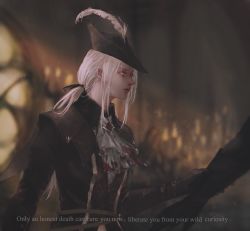 Rule 34 | 1girl, absurdres, blood, blood stain, bloodborne, blurry, blurry background, cape, elysion0618, gem, gloves, grabbing, hat, hat feather, highres, lady maria of the astral clocktower, looking at another, tricorne, white hair, yellow eyes