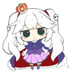 Rule 34 | 1girl, :&lt;, arms at sides, blush stickers, cape, capelet, commentary, cp haru, crown, full body, fur-trimmed cape, fur trim, green eyes, hair ornament, heart, highres, jitome, long hair, long sleeves, looking at viewer, mini crown, purple skirt, sennen sensou aigis, skirt, skull hair ornament, solo, standing, sybilla, twintails, white background, white hair, white sleeves