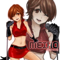 Rule 34 | 1girl, belt, breasts, brown eyes, brown hair, female focus, gloves, medium breasts, meiko (vocaloid), microphone, microphone stand, music, one eye closed, short hair, skirt, solo, vocaloid, white background, wink, zoom layer
