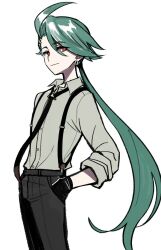 Rule 34 | 1girl, ahoge, androgynous, black gloves, black necktie, black pants, bright pupils, closed mouth, collared shirt, cowboy shot, creatures (company), earrings, game freak, gloves, green hair, grey shirt, hands in pockets, highres, jewelry, long hair, necktie, nintendo, noratanukimaru, pants, pokemon, pokemon sv, ponytail, red eyes, rika (pokemon), shirt, simple background, smile, solo, suspenders, very long hair, white background, white pupils