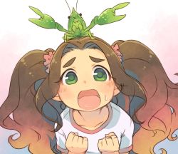 Rule 34 | 1girl, animal, animal on head, brown hair, clenched hands, collarbone, commentary, crayfish, crustacean, enuma (uma-festival), gradient hair, green eyes, hair ornament, hair scrunchie, hands up, highres, idolmaster, idolmaster cinderella girls, kusakabe wakaba, light blush, long hair, looking at viewer, multicolored hair, on head, open mouth, orange hair, parted bangs, pink scrunchie, scrunchie, shirt, short sleeves, sweat, t-shirt, teeth, thick eyebrows, tongue, twintails, very long hair, wavy hair, white shirt, worried