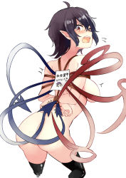 Rule 34 | 1girl, angry, arms behind back, ass, back, bdsm, black hair, black thighhighs, blue wings, blush, bondage, bound, bound wrists, breasts, deetamu, eyebrows hidden by hair, fang, from behind, highres, hijiri byakuren, houjuu nue, large breasts, looking back, pointy ears, red eyes, red wings, short hair, simple background, solo, thighhighs, thighs, touhou, translation request, white background, wings