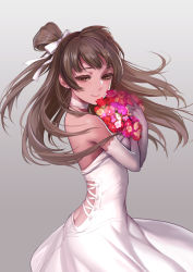 Rule 34 | 10s, 1girl, alternate costume, as109, bare shoulders, bouquet, breasts, brown eyes, brown hair, butt crack, choker, colored eyelashes, dress, earrings, elbow gloves, flower, from side, gloves, gradient background, grey background, half-closed eyes, has bad revision, highres, jewelry, long hair, love live!, love live! school idol project, md5 mismatch, medium breasts, minami kotori, resolution mismatch, solo, source smaller, strapless, strapless dress, wedding dress, white gloves