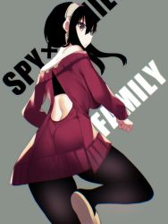 Rule 34 | 1girl, ass, back, bare shoulders, black hair, black thighhighs, brown eyes, eyebrows hidden by hair, hair between eyes, hairband, highres, leg up, long hair, looking at viewer, looking back, off-shoulder sweater, off shoulder, open mouth, solo, spy x family, standing, standing on one leg, sweater, tajima yoshikazu, thighhighs, yor briar
