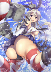 Rule 34 | 10s, 1girl, alternate breast size, anchor, ass, black panties, blonde hair, blush, breasts, brown eyes, bubble, elbow gloves, gloves, hairband, kantai collection, large breasts, long hair, looking at viewer, looking back, open mouth, panties, pantyshot, personification, rensouhou-chan, school uniform, serafuku, shimakaze (kancolle), skirt, solo, striped clothes, striped thighhighs, thighhighs, torn clothes, torn thighhighs, underboob, underwear, upskirt, waruwarutsu, water, white gloves