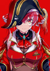 Rule 34 | 1girl, absurdres, bad id, bad pixiv id, black coat, breasts, brooch, cleavage, closed mouth, coat, covered navel, cropped jacket, eyepatch, hair ribbon, hat, highres, hololive, houshou marine, huge filesize, jacket, jewelry, large breasts, long hair, looking at viewer, neckerchief, off shoulder, pension z, pirate hat, red background, red hair, red jacket, red neckerchief, red ribbon, ribbon, see-through, see-through cleavage, simple background, sleeveless, sleeveless jacket, solo, twintails, upper body, virtual youtuber