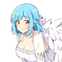 Rule 34 | 1girl, angel wings, blue hair, braid, breasts, chikuwa (majihima), cleavage, elbow gloves, french braid, gloves, large breasts, looking at viewer, moira (nijisanji), mole, mole on breast, mole under mouth, nijisanji, short hair, simple background, smile, solo, tagme, underbust, virtual youtuber, white background, wings, yellow eyes