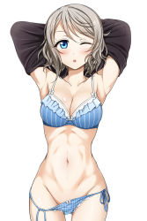Rule 34 | 10s, 1girl, ;o, arms behind head, arms up, bad id, bad pixiv id, blue bra, blue eyes, blue panties, blush, bra, breasts, cleavage, commentary request, grey hair, looking at viewer, love live!, love live! sunshine!!, midriff, navel, one eye closed, panties, school uniform, serafuku, short hair, side-tie panties, simple background, solo, striped bra, striped clothes, striped panties, suzume miku, toned, underwear, undressing, vertical-striped bra, vertical-striped clothes, vertical-striped panties, watanabe you, white background