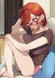 Rule 34 | 1girl, 92m, absurdres, barefoot, brown shirt, glasses, hand on own head, highres, indoors, kinshi no ane (92m), legs, original, red-framed eyewear, red eyes, red hair, shirt, short hair, short sleeves, sitting, solo, thighs