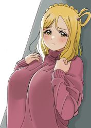 Rule 34 | 1girl, absurdres, blonde hair, blush, braid, breasts, closed mouth, crown braid, dot nose, dunchy, hands up, highres, large breasts, long sleeves, looking at viewer, love live!, love live! sunshine!!, ohara mari, pink sweater, see-through silhouette, single hair ring, solo, sweater, upper body, yellow eyes