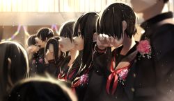Rule 34 | 3boys, 4girls, black hair, black jacket, black sailor collar, black shirt, blurry, blurry background, blurry foreground, clenched teeth, closed eyes, commentary request, crying, crying with eyes open, day, depth of field, flower, gakuran, graduation, hair between eyes, hair over eyes, highres, indoors, jacket, long hair, looking away, multiple boys, multiple girls, neckerchief, open mouth, original, parted lips, pink flower, pink rose, red neckerchief, rose, sailor collar, school uniform, serafuku, shirt, sunlight, tears, teeth, wiping tears, yuzua