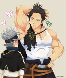 Rule 34 | 2boys, ?, age difference, armpits, asta (black clover), bara, bare shoulders, black capelet, black clover, black hair, black pants, blush, bulge, capelet, facial hair, grey hair, headband, kaiki (osuppai), male focus, mature male, multiple boys, muscular, muscular male, onii-shota, pants, pectoral cleavage, pectorals, short hair, sideburns, sidepec, smelling armpit, stubble, tank top, torn capelet, torn clothes, white tank top, yami sukehiro, yaoi