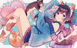 Rule 34 | 1girl, :3, ahoge, amagi hana, animal, animal ears, bell, blue background, blue eyes, blue jacket, blue skirt, brown hair, cat, cat ears, closed mouth, commentary, diagonal stripes, fake animal ears, feet out of frame, fish hair ornament, frilled pillow, frills, hair ornament, hairband, hairclip, heart, heart-shaped pillow, highres, jacket, jingle bell, layered skirt, long hair, long sleeves, looking at viewer, loungewear, low twintails, lying, no shoes, off shoulder, on side, original, pillow, pink ribbon, pleated skirt, puffy long sleeves, puffy sleeves, ribbon, skirt, sleeves past wrists, socks, solo, striped, striped background, thick eyebrows, twintails, white hairband