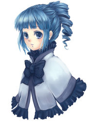 Rule 34 | 1girl, alfa system, ange serena, bad id, bad pixiv id, blue eyes, blue hair, bow, drill hair, female focus, frills, matching hair/eyes, ponytail, portrait, ribbon, shawl, short hair, simple background, smile, solo, tales of (series), tales of innocence, upper body, white background, yuuki (kazehana)