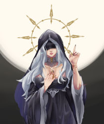 Rule 34 | 1girl, absurdres, artist name, black dress, black nails, breasts, covered eyes, cross, cross necklace, dress, fingernails, hand on own chest, hand up, highres, hood, jewelry, lips, long hair, nail polish, necklace, nun, open mouth, original, otak raptor, scar, scar on arm, simple background, solo, white hair