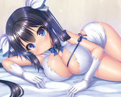 Rule 34 | 1girl, beige background, black hair, blue bow, blue eyes, blue ribbon, bow, bowtie, breasts, cleavage, closed mouth, come hither, dress, dungeon ni deai wo motomeru no wa machigatteiru darou ka, gloves, hestia (danmachi), large breasts, long hair, looking at viewer, lying, narrow waist, on side, rei no himo, ribbon, shiny skin, short dress, smile, solo, takeponi, thigh gap, twintails, white dress, white gloves