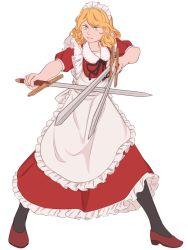 Rule 34 | 1girl, apron, blonde hair, commentary, dress, frills, highres, legs apart, maid, maid apron, maid headdress, mefomefo, multiple swords, pantyhose, red dress, shoes, short sleeves, simple background, solo, sword, touhou, touhou (pc-98), weapon, wide stance, yellow eyes, yumeko (touhou)