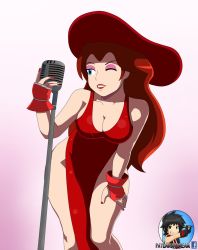 Rule 34 | 1girl, blue eyes, breasts, brown hair, cleavage, donkey kong (series), dress, eyeshadow, fingerless gloves, gloves, grin, hand on leg, hat, legs, lipstick, long hair, makeup, mario (series), microphone, microphone stand, nail polish, nintendo, one eye closed, patdarux, pauline (mario), red dress, red hair, red lips, smile, solo, super mario odyssey, thighs, wink