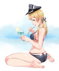 Rule 34 | 10s, 1girl, :p, alternate costume, anchor hair ornament, aqua eyes, barefoot, bikini, black bikini, breasts, commentary request, cup, drinking glass, drinking straw, gradient background, hair ornament, hat, highres, holding, kantai collection, light brown hair, long hair, looking at viewer, peaked cap, prinz eugen (kancolle), saruchitan, sideboob, simple background, sitting, smile, solo, swimsuit, tongue, tongue out, twintails, wariza, wine glass