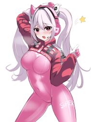 Rule 34 | 1girl, :d, alice (nikke), animal ear headphones, animal ears, arm behind head, blush, bodysuit, breasts, contrapposto, covered navel, cropped jacket, fake animal ears, gloves, goddess of victory: nikke, grey hair, hair between eyes, headphones, headset, highres, impossible bodysuit, impossible clothes, jacket, kurono suzuran, latex, latex bodysuit, long hair, medium breasts, open mouth, pink bodysuit, pink eyes, pink gloves, red jacket, shoes, sidelocks, skin tight, smile, sneakers, solo, twintails, two-tone gloves, white gloves