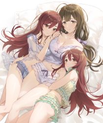 3girls, ahoge, alstroemeria (idolmaster), ass, babydoll, bangs, bare shoulders, bed sheet, blue babydoll, blue panties, blush, bow, bow panties, breasts, brown eyes, brown hair, cleavage, closed mouth, collarbone, eyebrows visible through hair, frilled babydoll, frilled panties, frills, from above, girl sandwich, green babydoll, green panties, hair ribbon, hand on another&#039;s ass, hand on another&#039;s head, hayashi kewi, idolmaster, idolmaster shiny colors, kuwayama chiyuki, large breasts, lingerie, long hair, looking at viewer, lying, multiple girls, navel, on back, on bed, on side, osaki amana, osaki tenka, panties, pillow, purple babydoll, purple panties, red hair, ribbon, sandwiched, see-through, siblings, sisters, smile, swept bangs, twins, underwear, underwear only, yellow eyes