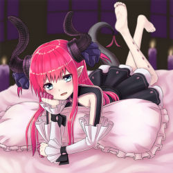 Rule 34 | 1girl, :d, arm support, barefoot, bed sheet, black dress, blue eyes, blurry, blurry background, blush, burning, candle, curled horns, depth of field, detached sleeves, dragon girl, dragon horns, dragon tail, dress, elizabeth bathory (fate), elizabeth bathory (fate/extra ccc), elizabeth bathory (first ascension) (fate), fang, fate/extra, fate/extra ccc, fate (series), fire, frilled pillow, frills, hair between eyes, hair ribbon, head tilt, highres, horns, jd (bibirijd), legs up, long hair, long sleeves, looking at viewer, lying, on stomach, open mouth, pillow, pink hair, pleated dress, pointy ears, purple ribbon, ribbon, smile, soles, solo, tail, the pose, two side up, white sleeves