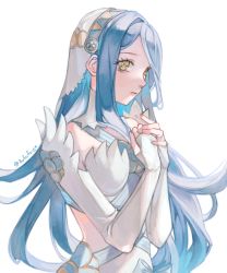 Rule 34 | 1girl, azura (fire emblem), bad id, bad pixiv id, blue hair, blue ribbon, closed mouth, clothing cutout, commentary request, detached collar, dress, elbow gloves, fingerless gloves, fire emblem, fire emblem fates, gloves, hands on own chest, highres, lips, long hair, looking away, mixed-language commentary, negi (fufufuyu), nintendo, own hands together, pink lips, ribbon, simple background, solo, twitter username, upper body, veil, very long hair, white background, white dress, white gloves, yellow eyes