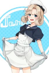 Rule 34 | 1girl, black neckwear, black shirt, blonde hair, blue eyes, blue sailor collar, character name, circle, clothes lift, dress, dress lift, gloves, hat, highres, janus (kancolle), kakitama (tj0r4ivwbhcxbru), kantai collection, lifting own clothes, looking at viewer, open mouth, parted bangs, sailor collar, sailor dress, sailor hat, shirt, short hair, short sleeves, solo, standing, white background, white dress, white gloves, white hat