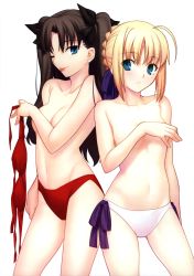 Rule 34 | 2girls, ;p, absurdres, ahoge, artoria pendragon (all), artoria pendragon (fate), bikini, bikini bottom only, unworn bikini top, blonde hair, blue eyes, breast hold, breasts, brown hair, collarbone, covering privates, covering breasts, fate/stay night, fate (series), flat chest, green eyes, hair ribbon, highres, multiple girls, navel, no bra, official alternate costume, official art, one eye closed, red bikini, ribbon, saber (fate), side-tie bikini bottom, simple background, small breasts, swimsuit, takeuchi takashi, thigh gap, thighs, tohsaka rin, tongue, tongue out, topless, twintails, two side up, type-moon, white background, white bikini, wink
