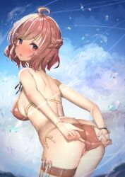 Rule 34 | 1girl, absurdres, ahoge, ass, back, bikini, bikini pull, bikini top aside, blue sky, blush, bracelet, braid, breasts, butt crack, clothes pull, cloud, commentary request, commission, day, duplicate, embarrassed, full-face blush, highres, ichihachiyon, jewelry, medium breasts, nipples, ocean, open mouth, original, outdoors, partially visible vulva, pixiv commission, red eyes, red hair, shoulder blades, simple background, sky, solo, standing, swimsuit, test tube, thigh strap, wedgie