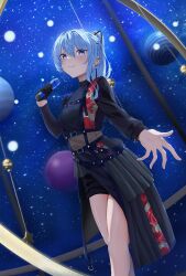 Rule 34 | 1girl, absurdres, belt, black belt, black shirt, black shorts, black skirt, blue eyes, blue hair, blue theme, ear piercing, floral print, gloves, grin, high ponytail, highres, holding, holding microphone, hololive, hoshimachi suisei, hoshimachi suisei (shout in crisis), long sleeves, microphone, night, night sky, official alternate costume, official alternate hairstyle, open hand, parted lips, piercing, planet, rose print, shirt, short shorts, shorts, single glove, skirt, sky, smile, solo, star (symbol), star in eye, symbol in eye, tokiyanagi, virtual youtuber