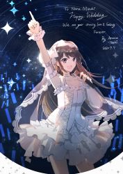 Rule 34 | 1girl, absurdres, artist name, bridal veil, bride, brown eyes, brown hair, character name, choker, collarbone, commentary request, dated, dress, english text, eyebrows, frilled dress, frills, highres, long hair, microphone, mizuki nana, pointing, pointing up, real life, sidelocks, sleeveless, solo, tianye toshi, veil, voice actor, wedding dress, white dress