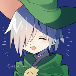 Rule 34 | 1boy, blue background, closed eyes, green hat, grey hair, hair over one eye, hat, lemres (puyopuyo), puyopuyo, smile, solo, wenicon 0410, wizard hat