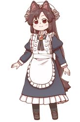 Rule 34 | 1girl, aged down, alternate costume, animal ear fluff, animal ears, apron, black dress, black pantyhose, black scarf, blush, brown footwear, brown hair, dress, enmaided, full body, gem, highres, imaizumi kagerou, juliet sleeves, loafers, long hair, long sleeves, looking at viewer, maid, maid apron, maid headdress, pantyhose, poronegi, puffy sleeves, red eyes, scarf, shoes, simple background, smile, solo, standing, tail, touhou, very long hair, white background, wolf ears, wolf tail