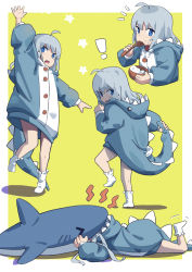 Rule 34 | !, 1girl, absurdres, ahoge, animal hood, border, bowl, closed mouth, eating, food, food on face, full body, grey hair, grey hoodie, hands up, highres, holding, holding bowl, holding spoon, holding tail, hood, hoodie, ikada sora, long hair, long sleeves, looking at viewer, lying, multiple views, on stomach, open mouth, original, outside border, purple eyes, shark, sidelocks, smile, socks, spoon, standing, standing on one leg, star (symbol), stuffed animal, stuffed toy, tail, thighs, vore, white legwear