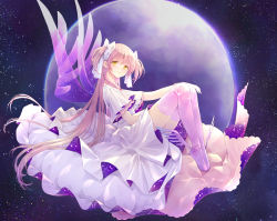 Rule 34 | 1girl, closed mouth, collarbone, commentary request, dress, floating, frilled dress, frills, full body, gloves, hair ribbon, hand on lap, hand on own knee, happy, kaname madoka, layered dress, legs together, legs up, light smile, long hair, looking at viewer, mahou shoujo madoka magica, mahou shoujo madoka magica (anime), pink hair, pink thighhighs, planet, ribbon, riri (ririwaldorf), sky, solo, space, star (sky), starry sky, straight hair, tareme, thighhighs, two side up, ultimate madoka, very long hair, white dress, white gloves, white ribbon, wide sleeves, yellow eyes, zettai ryouiki