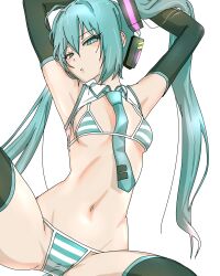 1girl absurdres aqua_eyes aqua_hair aqua_necktie arms_behind_head arms_up bikini bright_pupils commentary detached_sleeves dutch_angle gapinelu hatsune_miku highres long_hair looking_at_viewer meme meme_attire miku_collar_bikini navel necktie simple_background solo striped_bikini striped_clothes swimsuit twintails very_long_hair vocaloid white_background