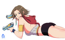 Rule 34 | 00s, 1girl, absurdres, ass, bare shoulders, brown hair, final fantasy, final fantasy x, final fantasy x-2, from side, gun, handgun, heterochromia, highres, hood, looking at viewer, lying, on stomach, sharknob, short shorts, shorts, solo, weapon, yuna