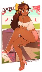 Rule 34 | 1girl, absurdres, arms between legs, blush, border, bow, brown eyes, brown hair, character name, coffee (negsus), dark skin, feet, frilled shirt, frills, hair bow, high heels, highres, jewelry, leg up, legs, long hair, mole, nail polish, necklace, negsus, off-shoulder shirt, off shoulder, original, outdoors, pink footwear, pink shorts, pout, sandals, shirt, shorts, sitting, sky, solo, strappy heels, toenail polish, toenails, toes, turning head, twitter username, white border, white shirt, yellow bow