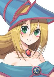 Rule 34 | 1girl, bare shoulders, blonde hair, blue hat, blush, blush stickers, breasts, cleavage, closed mouth, collarbone, commentary request, dark magician girl, duel monster, fagi (kakikaki), green eyes, hair between eyes, hat, long hair, looking at viewer, smile, solo, upper body, wizard hat, yu-gi-oh!