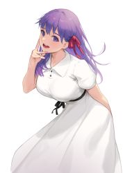 Rule 34 | 1girl, absurdres, arm behind back, breasts, cotta (heleif), dress, fate/stay night, fate (series), hand on own face, heaven&#039;s feel, highres, large breasts, leaning forward, long hair, looking at viewer, lower teeth only, matou sakura, official alternate costume, purple eyes, purple hair, red ribbon, ribbon, round teeth, smile, solo, teeth, upper teeth only, white dress