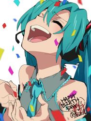 Rule 34 | 1girl, 2019, aqua hair, aqua necktie, bare shoulders, black sleeves, closed eyes, commentary, confetti, detached sleeves, grey shirt, hair ornament, hands up, happy, happy birthday, hatsune miku, headphones, headset, long hair, necktie, open mouth, satou asuka, shirt, shoulder tattoo, sleeveless, sleeveless shirt, smile, solo, tattoo, twintails, upper body, very long hair, vocaloid
