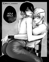 Rule 34 | 2girls, absurdres, breasts, chainsaw man, choker, commentary request, delta art, eyepatch, greyscale, hair between eyes, highres, medium breasts, monochrome, multiple girls, pants, ponytail, quanxi (chainsaw man), reze (chainsaw man), spanish commentary, spanish text, steaming body, tight clothes, tight pants, toned, topless, twitter username, watermark, wristband, yuri