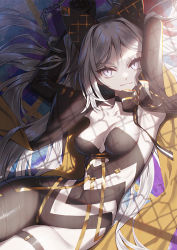 Rule 34 | 1girl, alchemy stars, arms up, asymmetrical clothes, breasts, choker, cleavage, closed mouth, covered navel, cuffs, grey eyes, grey hair, hairband, handcuffs, highres, long hair, looking at viewer, lying, on back, scar, scar across eye, shade, sho (sumika), shrug (clothing), single pantsleg, slit pupils, small breasts, smile, smokey (alchemy stars), smokey (imprisonment of greed) (alchemy stars), solo, thigh strap, very long hair