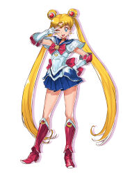 Rule 34 | 1girl, adapted costume, armor, bishoujo senshi sailor moon, blonde hair, blue skirt, boots, choker, collarbone, crescent, crescent brooch, crescent earrings, double bun, earrings, hair bun, hand on own hip, highres, jewelry, long hair, ninnin (shishitou), one eye closed, red choker, red footwear, sailor moon, shoulder pads, simple background, skirt, solo, twintails, v, very long hair, white armor, white background