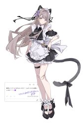 1girl :o absurdres alternate_costume animal_ears apron black_footwear black_ribbon blunt_bangs brown_hair cat_ears cat_girl cat_tail commentary doll_joints enmaided facing_viewer flower full_body hair_flower hair_ornament hair_ribbon herta_(honkai:_star_rail) highres honkai:_star_rail honkai_(series) joints kemonomimi_mode light_blush long_hair looking_at_viewer maid maid_apron maid_headdress mary_janes miniskirt open_mouth purple_eyes purple_flower ren_(renjiyu) ribbon screenshot_inset shoes skirt solo split_mouth tail tail_ornament tail_ribbon thigh_strap translated