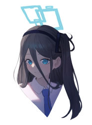 Rule 34 | 1girl, aris (blue archive), blue archive, blue eyes, blue hair, blue necktie, blush, collared shirt, daeyu k, dark blue hair, hair over face, hairband, halo, highres, long hair, looking at viewer, necktie, portrait, shirt, side ponytail, simple background, smile, solo, white background, white shirt
