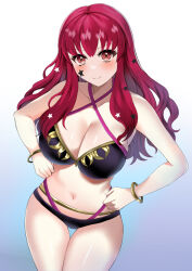 Rule 34 | 1girl, alternate costume, bikini, black bikini, blush, bracelet, breasts, cleavage, collarbone, commentary request, fire emblem, fire emblem engage, hair between eyes, hair ornament, hands on own hips, highres, jewelry, large breasts, long hair, looking at viewer, navel, nintendo, red eyes, red hair, solo, star (symbol), star hair ornament, stomach, swimsuit, tara (szzj7733), thighs, yunaka (fire emblem)