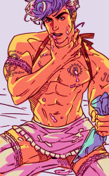 Rule 34 | 1boy, abs, akira atsushi, armband, bad id, bad pixiv id, earrings, food, higashikata josuke, icing, jewelry, jojo no kimyou na bouken, looking at viewer, male focus, muscular, naughty face, navel, open mouth, pompadour, purple hair, sexually suggestive, sitting, skirt, solo, suggestive fluid, tattoo, thighhighs